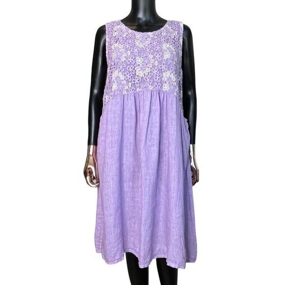 100% Lino Made in Italy Lilac Linen Midi Dress w/ Lace Top & Pockets - Picture 4 of 10